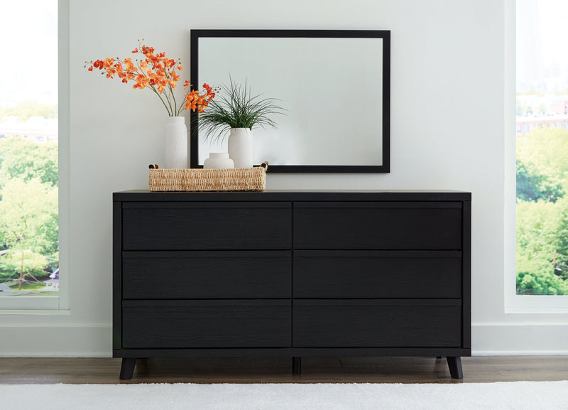 Danziar Queen Panel Bed with Mirrored Dresser in Black - PKG015889