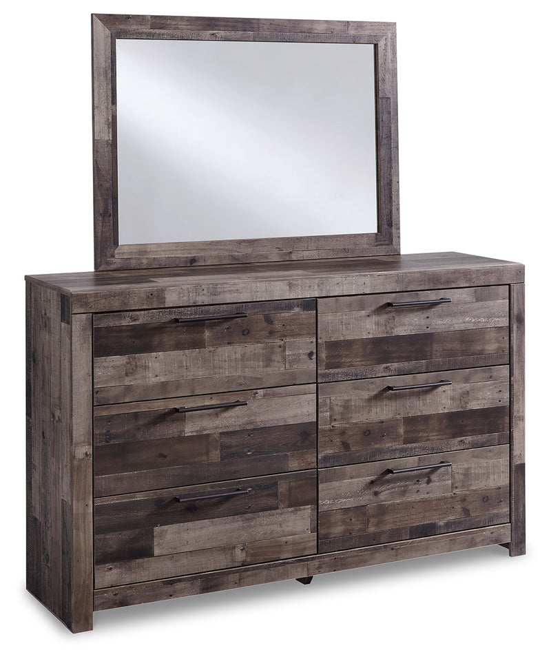 Derekson King Panel Bed with Mirrored Dresser, Chest and Nightstand in Multi Gray - PKG003482