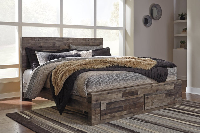 Derekson Multi Gray King Panel Bed with 2 Storage Drawers - Lara FurnitureKing Bed