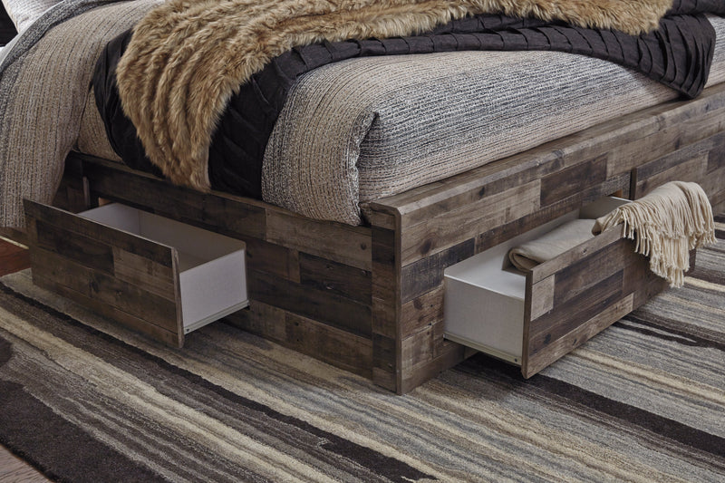 Derekson Queen Panel Bed with 6 Storage Drawers with Mirrored Dresser, Chest and Nightstand in Multi Gray from Ashley - Lara Furniture