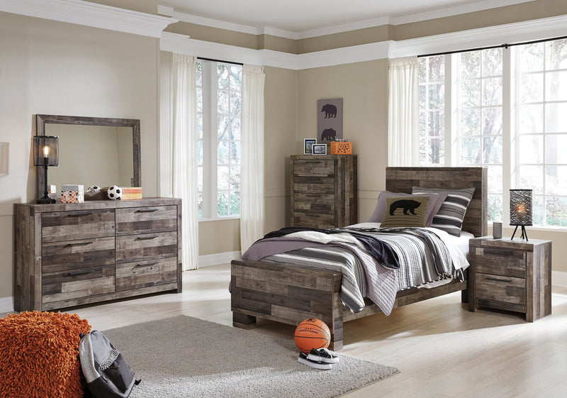 Derekson Twin Panel Bed with Mirrored Dresser, Chest and Nightstand in Multi Gray from Ashley - Lara Furniture