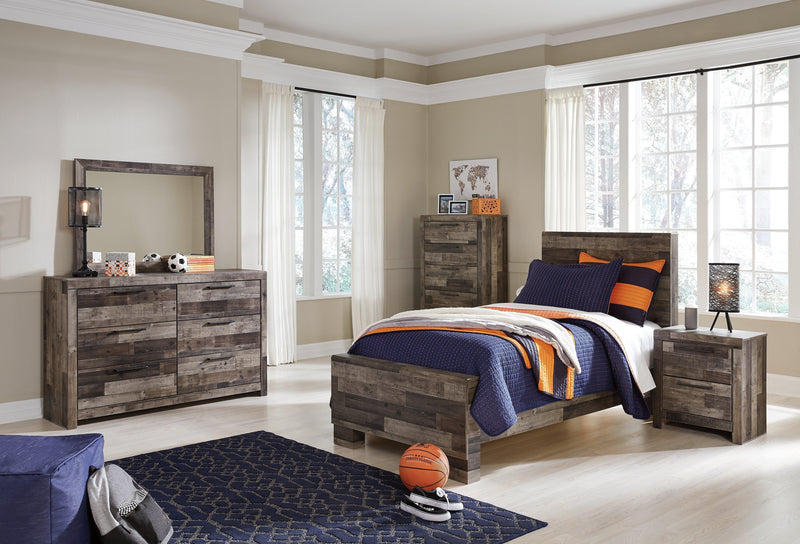 Derekson Twin Panel Bed with Mirrored Dresser, Chest and Nightstand in Multi Gray from Ashley - Lara Furniture
