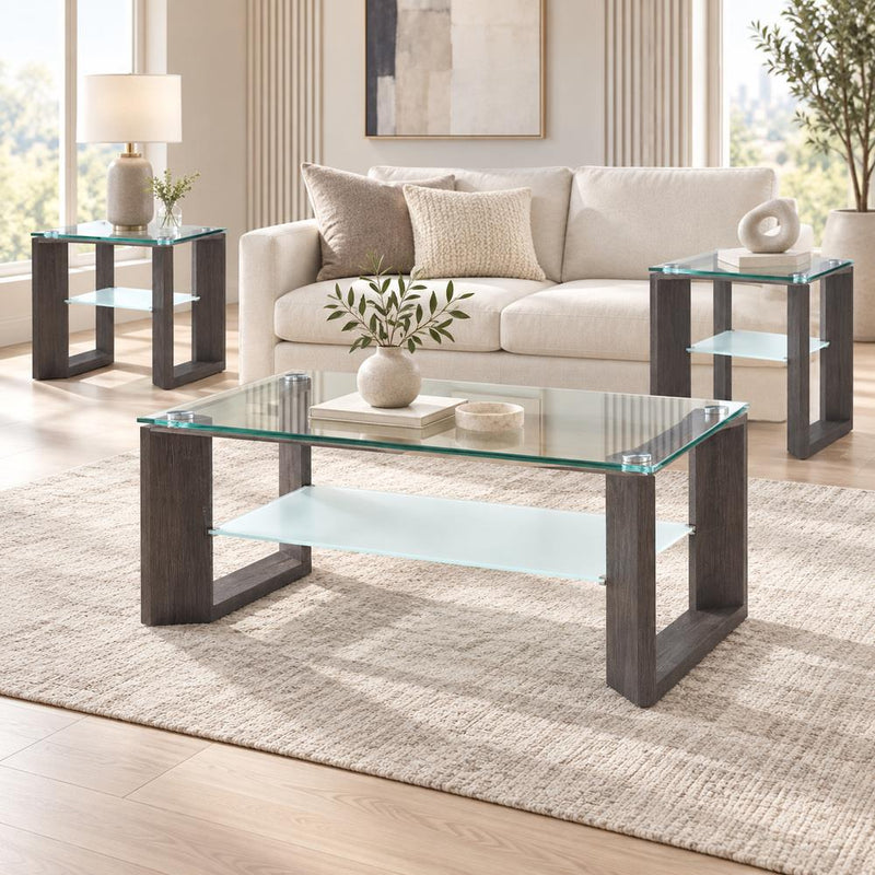 Doppio - Gray 3PC Coffee Table Set, Coffee Table and 2 END Tables with Glass Top and Storage Shelf - T444-3PC-Set