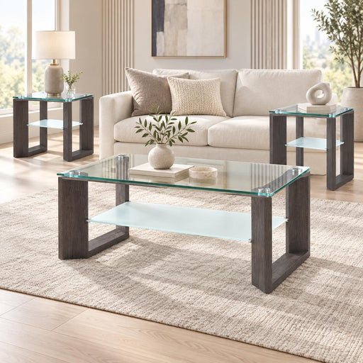 Doppio - Gray 3PC Coffee Table Set, Coffee Table and 2 END Tables with Glass Top and Storage Shelf - T444-3PC-Set