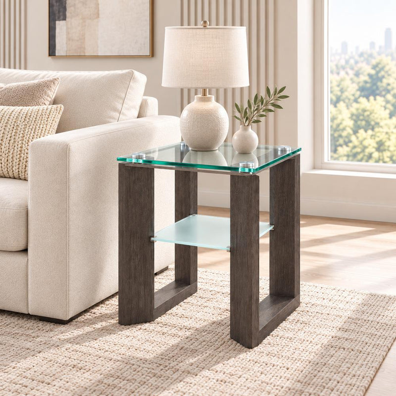 Doppio - Gray End Table with Glass Top and Storage Shelf - T444-E-Table