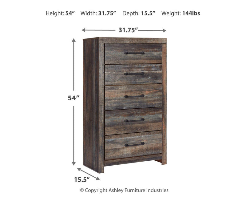 Drystan Full Panel Bed with 2 Storage Drawers with Mirrored Dresser and Chest in Multi - PKG003442