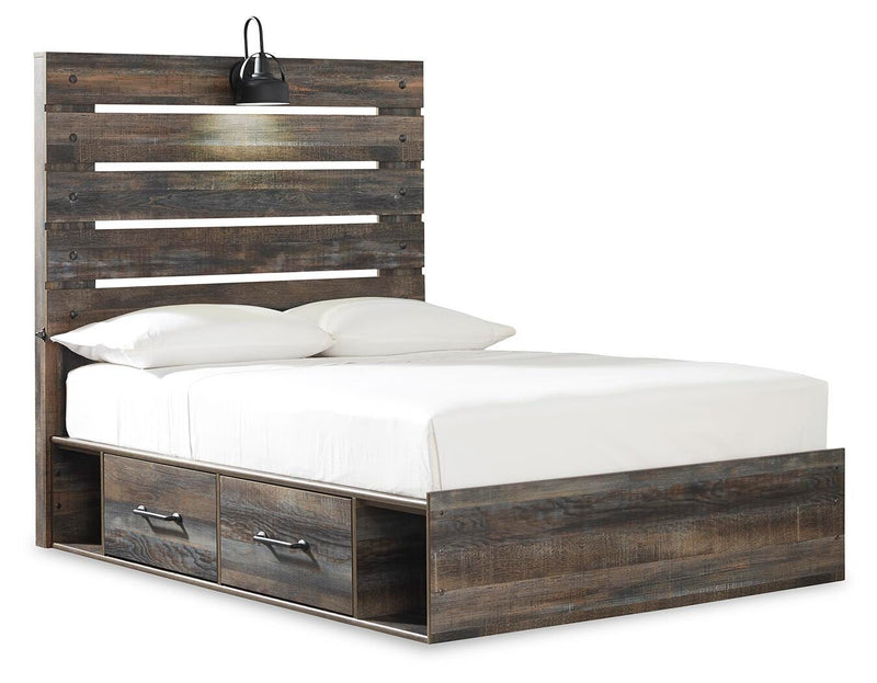 Drystan Full Panel Bed with 2 Storage Drawers with Mirrored Dresser, Chest and 2 Nightstands in Multi - PKG003444