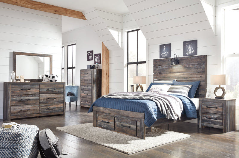 Drystan Full Panel Bed with 2 Storage Drawers with Mirrored Dresser, Chest and Nightstand in Multi - PKG003373