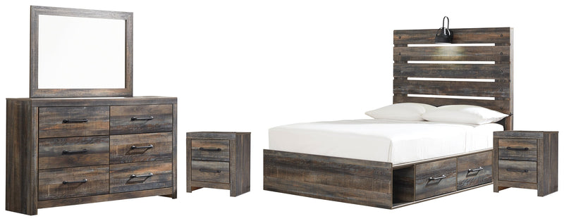 Drystan Full Panel Bed with 4 Storage Drawers with Mirrored Dresser and 2 Nightstands in Multi from Ashley - Lara Furniture