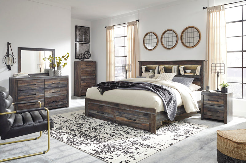Drystan King Bookcase Bed with 2 Storage Drawers with Mirrored Dresser and 2 Nightstands in Multi - PKG003248
