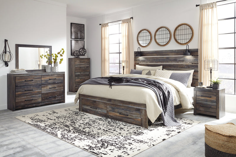 Drystan King Panel Bed with Storage with Mirrored Dresser, Chest and 2 Nightstands in Multi from Ashley - Lara Furniture