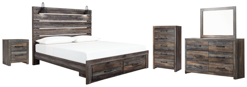 Drystan King Panel Bed with Storage with Mirrored Dresser, Chest and Nightstand in Multi from Ashley - Lara Furniture