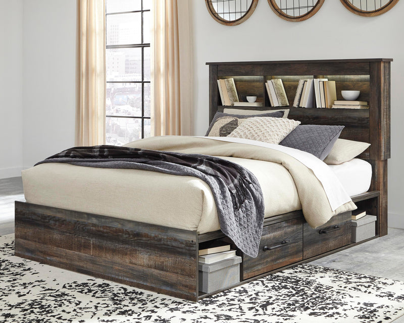 Drystan Queen Bookcase Bed with 2 Storage Drawers, Dresser, Mirror and Chest in Multi - PKG003213