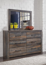 Drystan Queen Bookcase Bed with 2 Storage Drawers, Dresser, Mirror and Chest in Multi - PKG003213