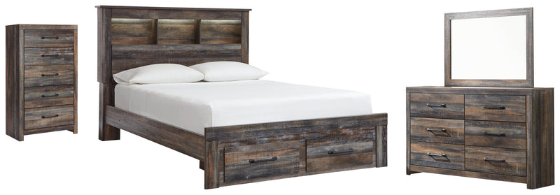 Drystan Queen Bookcase Bed with 2 Storage Drawers with Mirrored Dresser and Chest in Multi - PKG003243