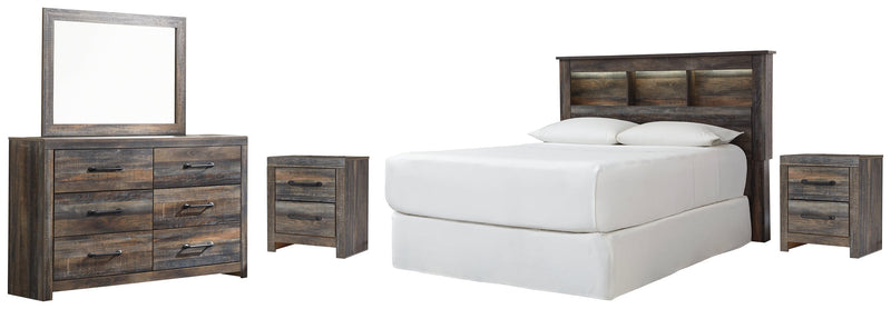 Drystan Queen/Full Bookcase Headboard Bed with Mirrored Dresser and 2 Nightstands in Multi from Ashley - Lara Furniture