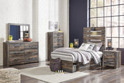 Drystan Twin Panel Bed with 4 Storage Drawers with Mirrored Dresser, Chest and 2 Nightstands in Multi from Ashley - Lara Furniture