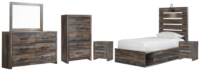 Drystan Twin Panel Bed with 4 Storage Drawers with Mirrored Dresser, Chest and 2 Nightstands in Multi from Ashley - Lara Furniture