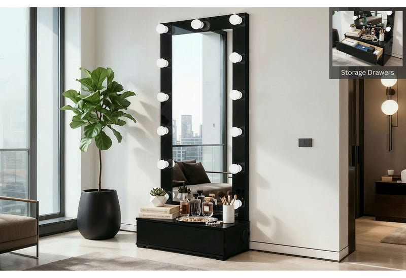Ella Black Narrow Tall Mirror With Drawer And Speaker - ELLA-BLACK-NARROW TALL MR W/ DWR & SPEAKER