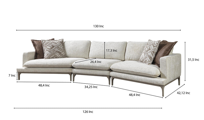 Dylan Ivory Linen 3 - Piece Curved 126" Sectional with Ottoman - Lara FurnitureSectional