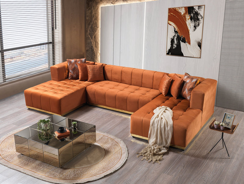 Elisha Orange Velvet Double Chaise 140" Sectional - Lara FurnitureSectional