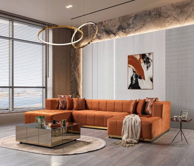 Elisha Orange Velvet Double Chaise 140" Sectional - Lara FurnitureSectional