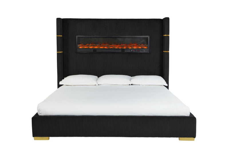Eliza - Black Upholstered King Bed with Bluetooth Speaker, Fireplace, Power Supply and USB - Type C Charger - B164-K-Bed