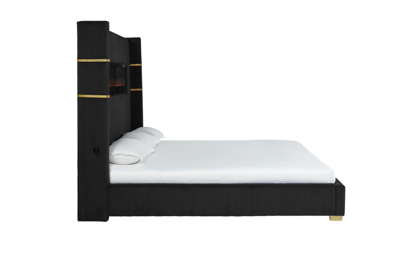 Eliza - Black Upholstered King Bed with Bluetooth Speaker, Fireplace, Power Supply and USB - Type C Charger - B164-K-Bed