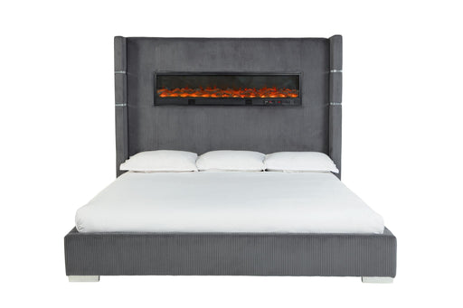Eliza - Gray Upholstered King Bed with Bluetooth Speaker, Fireplace, Power Supply and USB - Type C Charger - B165-K-Bed