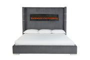 Eliza - Gray Upholstered Queen Bed with Bluetooth Speaker, Fireplace, Power Supply and USB - Type C Charger - B165-Q-Bed
