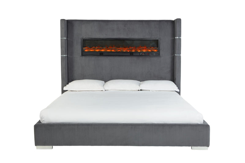 Eliza - Gray Upholstered Queen Bed with Bluetooth Speaker, Fireplace, Power Supply and USB - Type C Charger - B165-Q-Bed