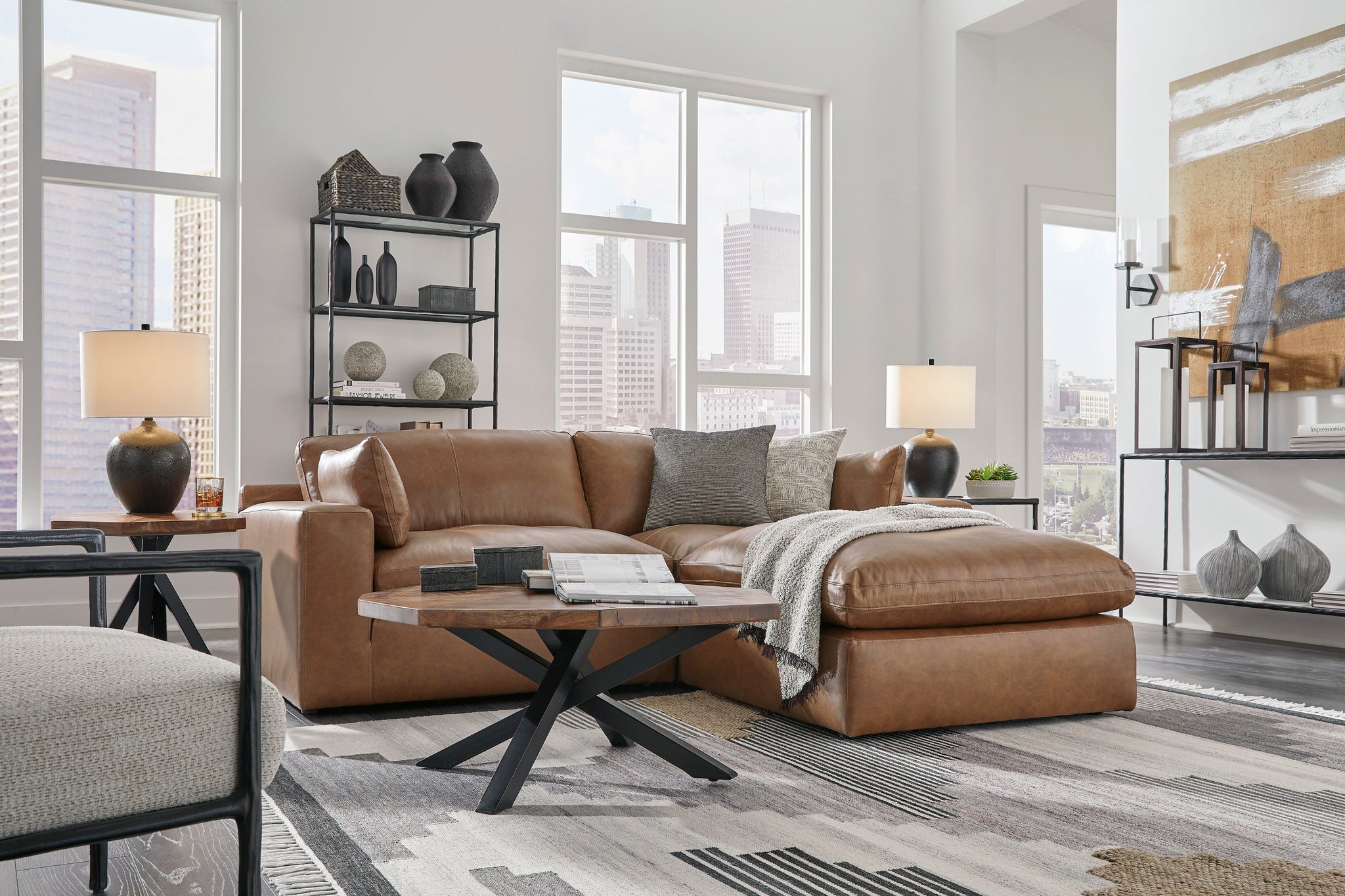 Emilia - 3 Pc. - 2-Piece Sectional Loveseat, Ottoman - Caramel