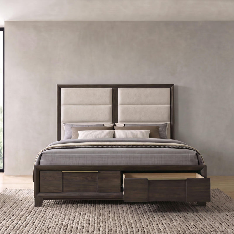 Farre Eastern King Upholstered Storage Platform Bed Dark Brown - 225320KE