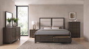 Farre Eastern King Upholstered Storage Platform Bed Dark Brown - 225320KE