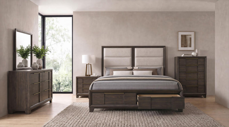 Farre Eastern King Upholstered Storage Platform Bed Dark Brown - 225320KE