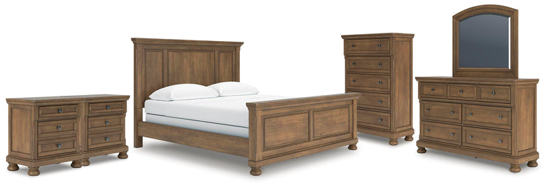 Feddinger California King Panel Bed with Mirrored Dresser, Chest and 2 Nightstands in Medium Brown - PKG022326