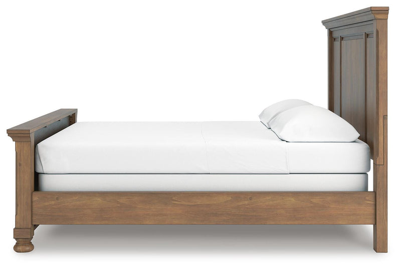 Feddinger California King Panel Bed with Mirrored Dresser, Chest and Nightstand in Medium Brown - PKG022329
