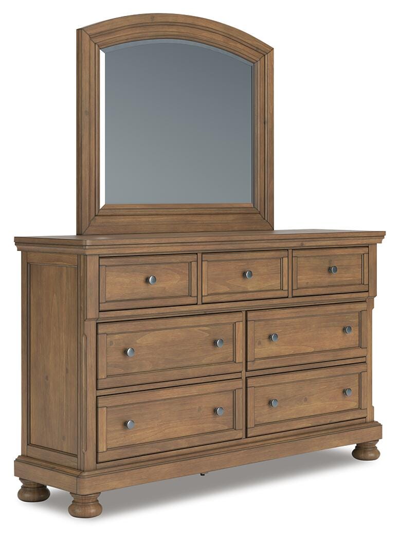 Feddinger California King Panel Bed with Mirrored Dresser, Chest and Nightstand in Medium Brown - PKG022329