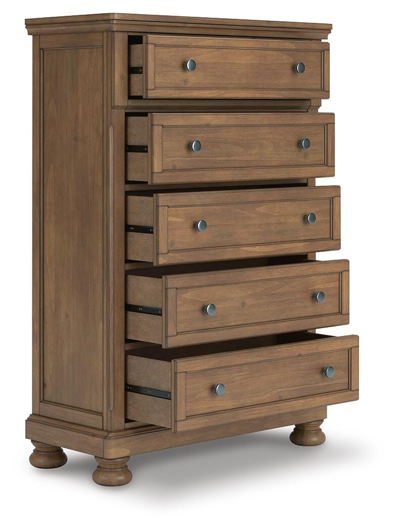 Feddinger California King Storage Sleigh Bed with Mirrored Dresser and Chest in Medium Brown - PKG022344