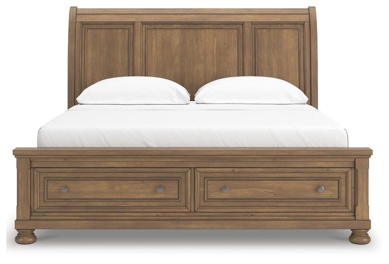 Feddinger California King Storage Sleigh Bed with Mirrored Dresser, Chest and 2 Nightstands in Medium Brown - PKG022342