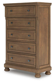 Feddinger California King Storage Sleigh Bed with Mirrored Dresser, Chest and Nightstand in Medium Brown - PKG022345