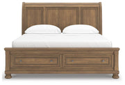 Feddinger California King Storage Sleigh Bed with Mirrored Dresser, Chest and Nightstand in Medium Brown - PKG022345