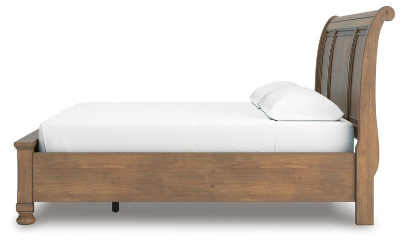 Feddinger California King Storage Sleigh Bed with Mirrored Dresser, Chest and Nightstand in Medium Brown - PKG022345