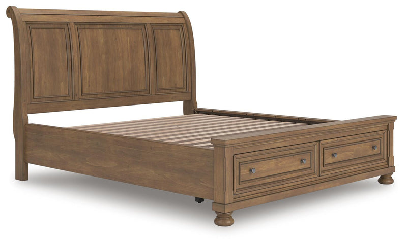 Feddinger California King Storage Sleigh Bed with Mirrored Dresser, Chest and Nightstand in Medium Brown - PKG022345