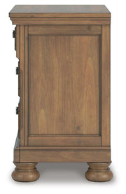 Feddinger California King Storage Sleigh Bed with Mirrored Dresser, Chest and Nightstand in Medium Brown - PKG022345