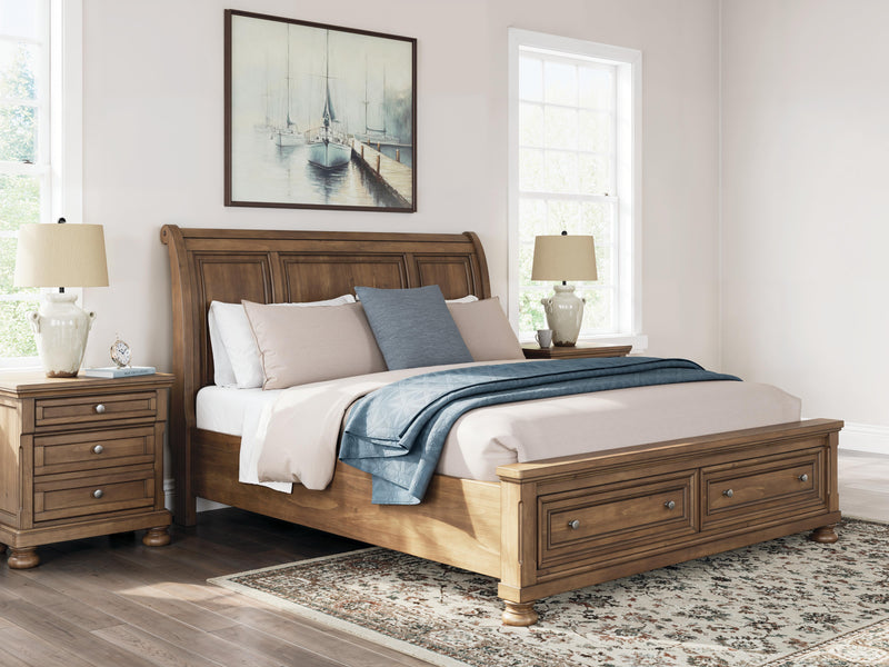Feddinger California King Storage Sleigh Bed with Mirrored Dresser, Chest and Nightstand in Medium Brown - PKG022345