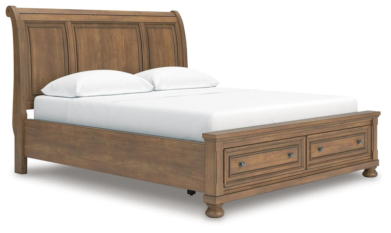 Feddinger California King Storage Sleigh Bed with Mirrored Dresser in Medium Brown - PKG022340
