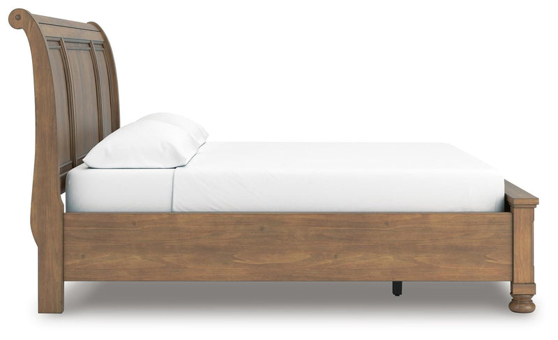 Feddinger California King Storage Sleigh Bed with Mirrored Dresser in Medium Brown - PKG022340