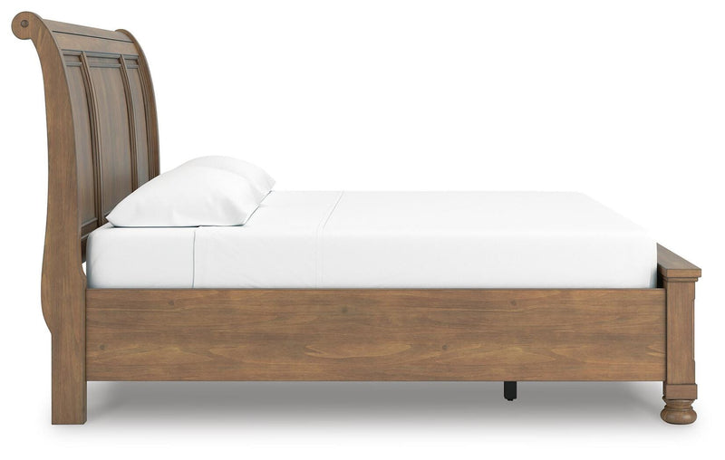 Feddinger King Storage Sleigh Bed with Mirrored Dresser and 2 Nightstands in Medium Brown - PKG022333