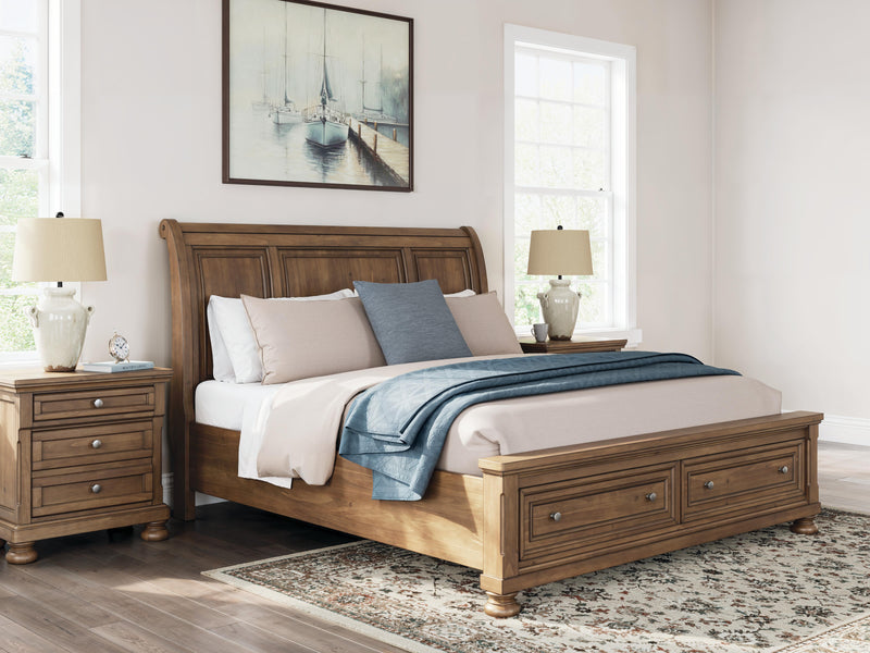 Feddinger King Storage Sleigh Bed with Mirrored Dresser and 2 Nightstands in Medium Brown - PKG022333